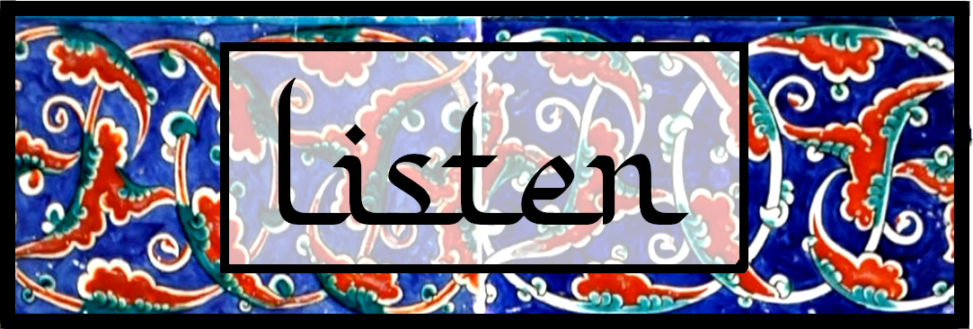 The word LISTEN written in script on a button textured like Iznik pottery.