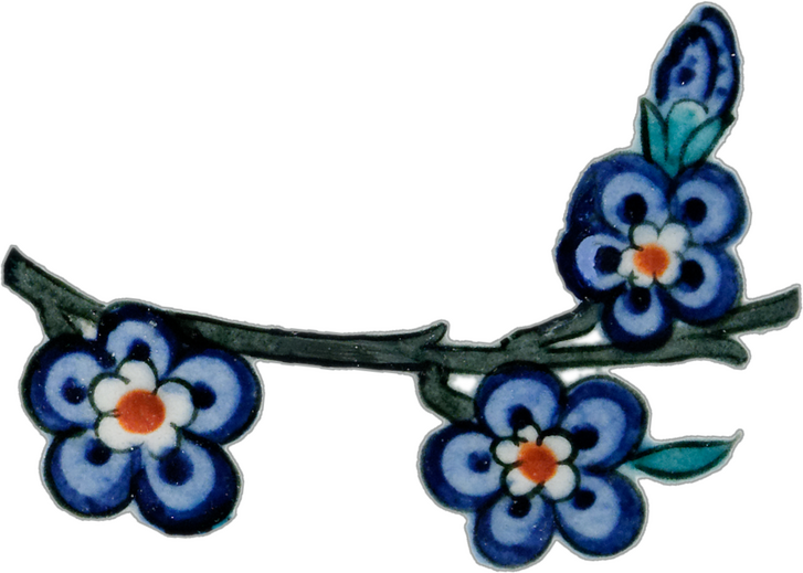 A branch with three blue flowers with rounded petals and white centers taken from a pottery plate.