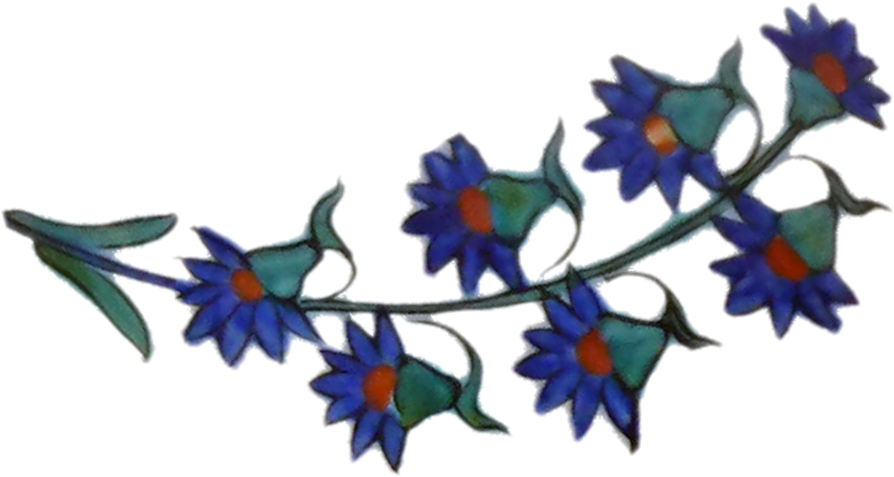 A sprig of blue, bell-shaped flowers taken from a pottery vase.