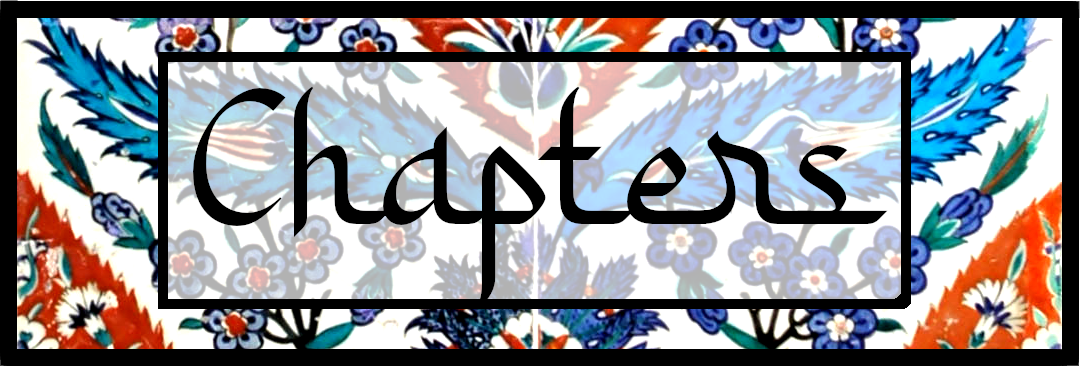 The word CHAPTERS written in script on a button textured like Iznik pottery.