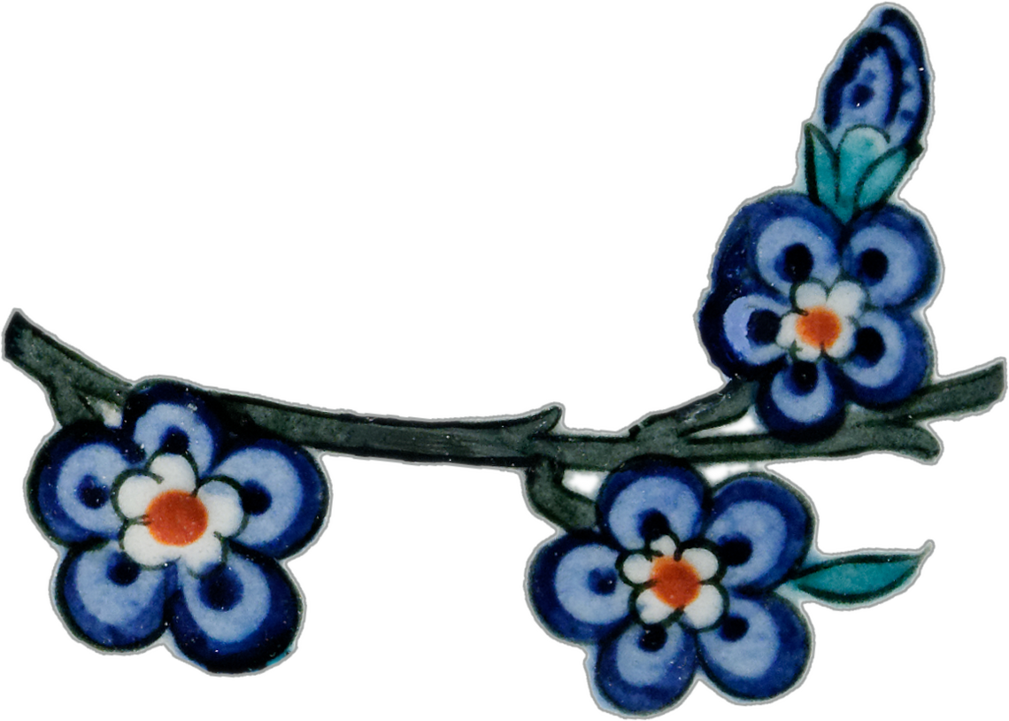 A branch with three blue flowers with rounded petals and white centers taken from a pottery plate.