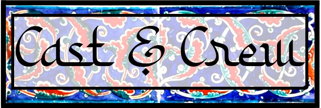 The words CAST & CREW written in script on a button textured like Iznik pottery.